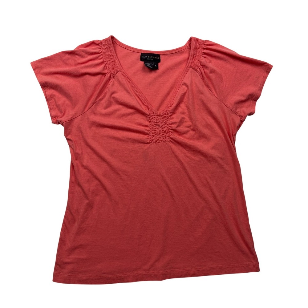 Dana Buchman Signature Coral Pima Cotton Modal Ruched V Neck Top Size L Y2K